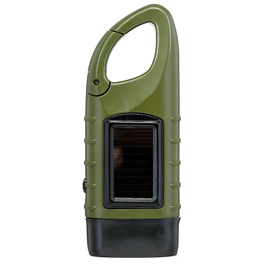 Solarbetriebene LED-Taschenlampe mit Dynamo und Karabinerhaken oliv Bild 1