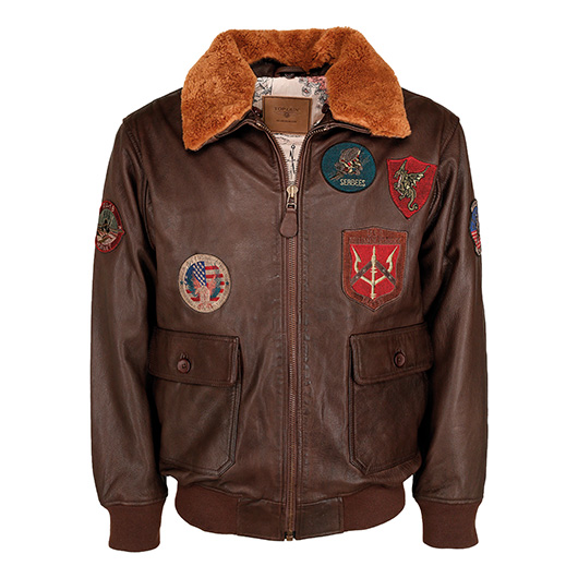 Top Gun Lederjacke mit Pelzkragen braun