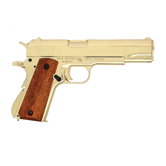 Dekowaffe 45er Colt Government M191A1 goldfinish Holzgriffschalen Bild 3
