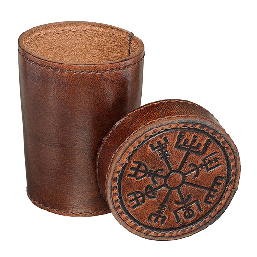 Ulfberth- Wrfelbecher aus Leder mit Deckel mit Vegvisir-Prgung braun. Bild 1
