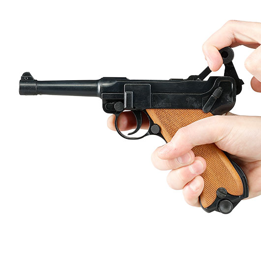 ME Modell P08 Parabellum Vollmetall Dekopistole WWII br�niert mit Holzgriffschalen Bild 8