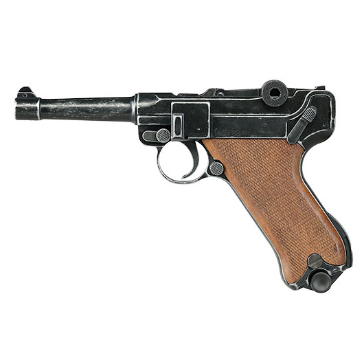 ME Modell P08 Parabellum Vollmetall Dekopistole WWII antik-look mit Holzgriffschalen