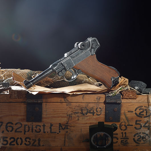 ME Modell P08 Parabellum Vollmetall Dekopistole WWII antik-look mit Holzgriffschalen Bild 1