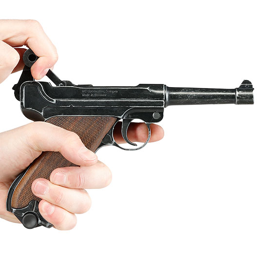ME Modell P08 Parabellum Vollmetall Dekopistole WWII antik-look mit Holzgriffschalen Bild 10