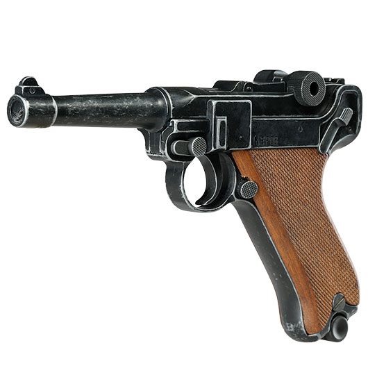 ME Modell P08 Parabellum Vollmetall Dekopistole WWII antik-look mit Holzgriffschalen Bild 2