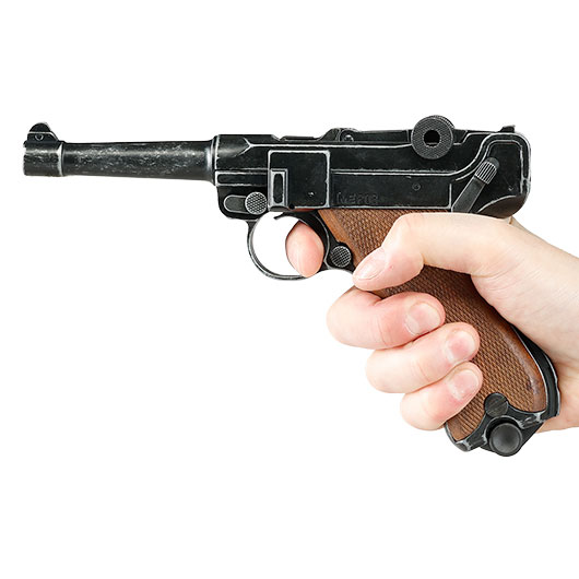 ME Modell P08 Parabellum Vollmetall Dekopistole WWII antik-look mit Holzgriffschalen Bild 5