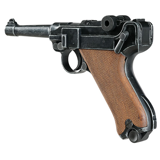 ME Modell P08 Parabellum Vollmetall Dekopistole WWII antik-look mit Holzgriffschalen Bild 7