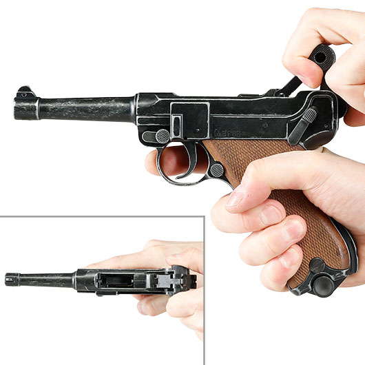 ME Modell P08 Parabellum Vollmetall Dekopistole WWII antik-look mit Holzgriffschalen Bild 8