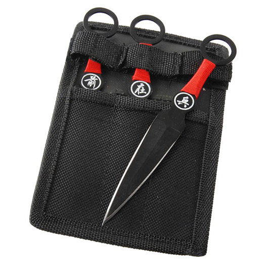 Kunai Wurfmesser rot / schwarz 3-teilig inkl. Nylonscheide