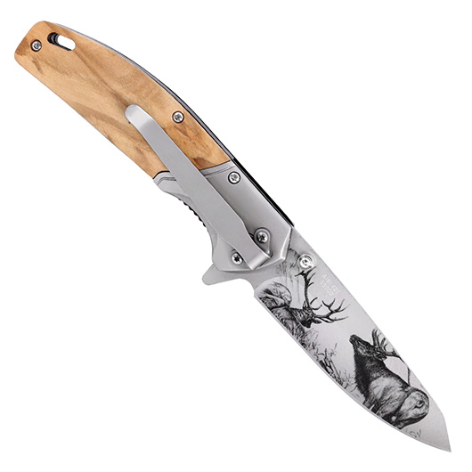Herbertz Einhandmesser mit Hirschmotiv und Olivenholzgriffschalen inkl. Grtelclip Bild 1
