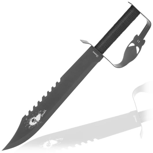 Outdoormesser Tactical Skull mit Sgezahnung und Handschutz schwarz inkl. Nylon-Grtelscheide