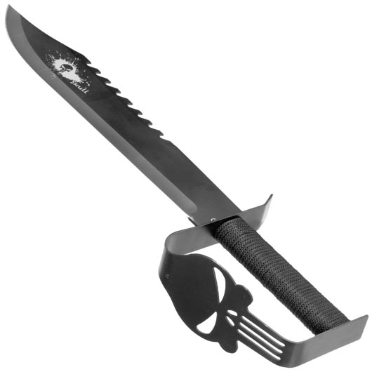 Outdoormesser Tactical Skull mit Sgezahnung und Handschutz schwarz inkl. Nylon-Grtelscheide Bild 2