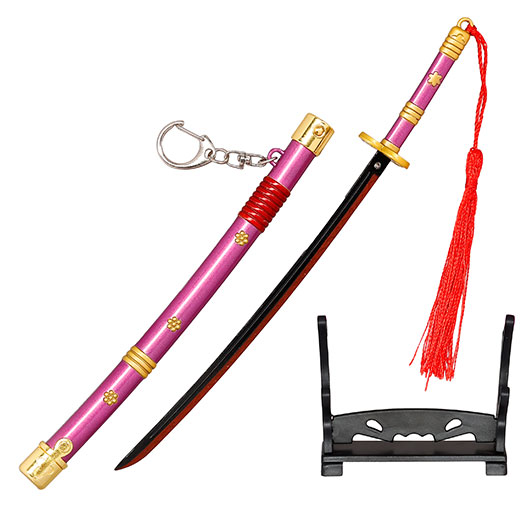 Schlsselanhnger Mini Katana One Piece Zorro Roronoa lila/gold inkl. Scheide und Schwertstnder
