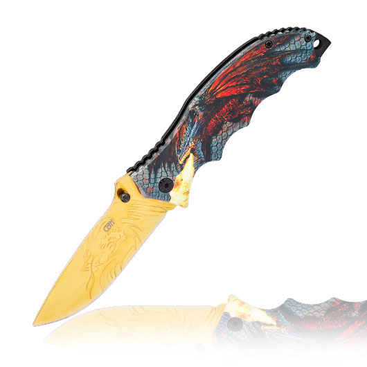 CJH Einhandmesser mit 3D-Optik Drachenmotiv Griffschalen und Grtelclip