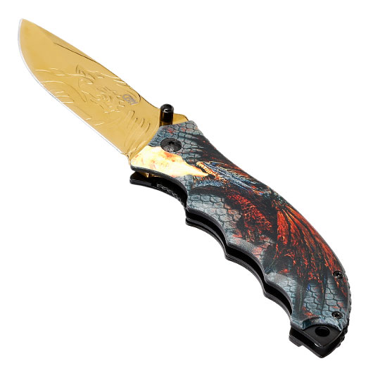 CJH Einhandmesser mit 3D-Optik Drachenmotiv Griffschalen und Grtelclip Bild 2