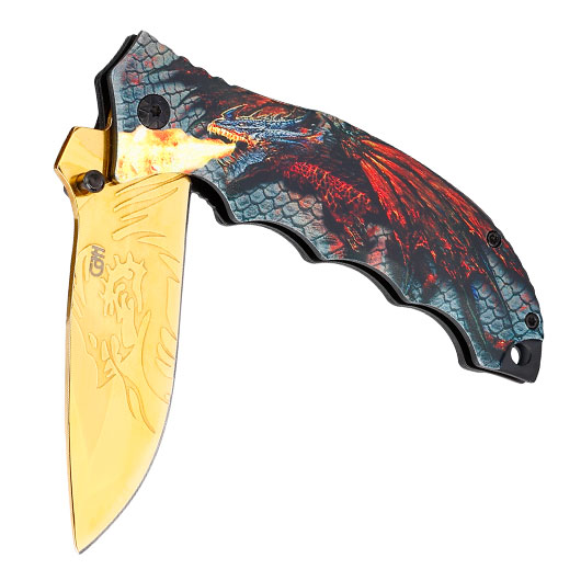 CJH Einhandmesser mit 3D-Optik Drachenmotiv Griffschalen und Grtelclip Bild 3