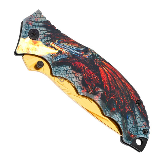CJH Einhandmesser mit 3D-Optik Drachenmotiv Griffschalen und Grtelclip Bild 4