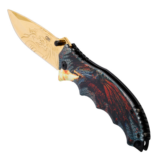 CJH Einhandmesser mit 3D-Optik Drachenmotiv Griffschalen und Grtelclip Bild 6