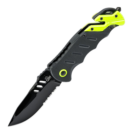 CJH Rettungsmesser schwarz Gurtschneider Glasbrecher Griff schwarz neonfarbig Bild 1