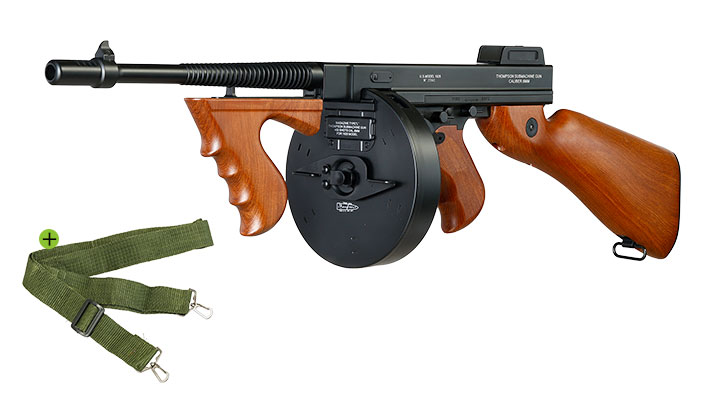 Cybergun Thompson Model 1928 Chicago Typewriter Vollmetall S-AEG 6mm BB schwarz - Holzoptik