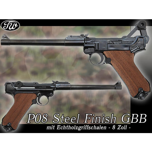 Ersatzteilset Tanaka Works P08 Artillerie Steel-Finish Echtholzgriffschalen GBB - 8 Zoll