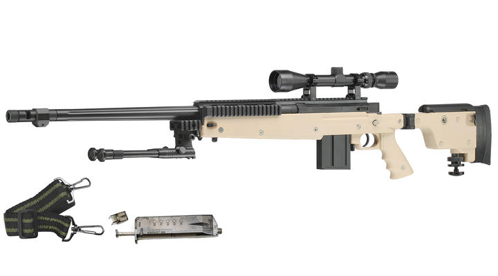 Well MB4407D Mini-HE Snipergewehr inkl. Zweibein / Zielfernrohr Springer 6mm BB tan