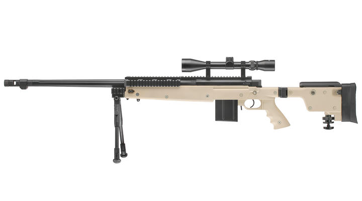 Well MB4407D Mini-HE Snipergewehr inkl. Zweibein / Zielfernrohr Springer 6mm BB tan Bild 1