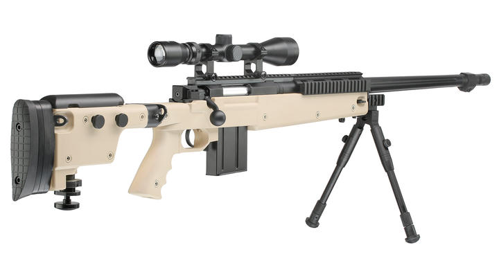 Well MB4407D Mini-HE Snipergewehr inkl. Zweibein / Zielfernrohr Springer 6mm BB tan Bild 3
