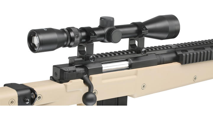 Well MB4407D Mini-HE Snipergewehr inkl. Zweibein / Zielfernrohr Springer 6mm BB tan Bild 4