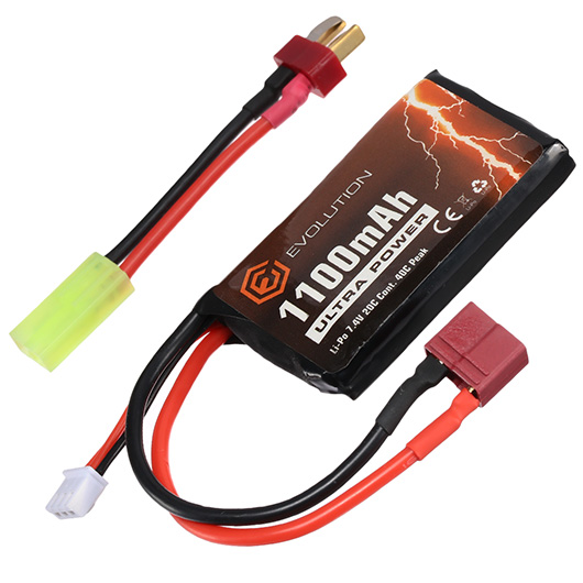 Evolution Ultra-Power LiPo Akku 7,4V 1100mAh 20C / 40C AN/PEQ15 Type m. T-Stecker + Mini-Tam Adapter