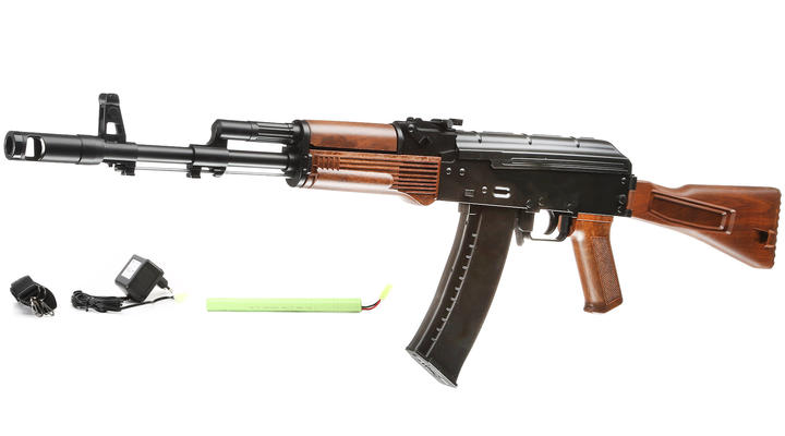 Well AK74M Softair Komplettset AEG 6mm BB schwarz / Holzoptik