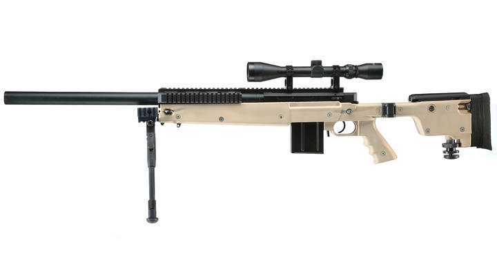 Well MB4406D Mini-HE Snipergewehr inkl. Zweibein / Zielfernrohr Springer 6mm BB tan Bild 1