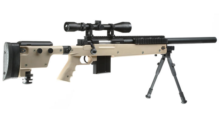 Well MB4406D Mini-HE Snipergewehr inkl. Zweibein / Zielfernrohr Springer 6mm BB tan Bild 3