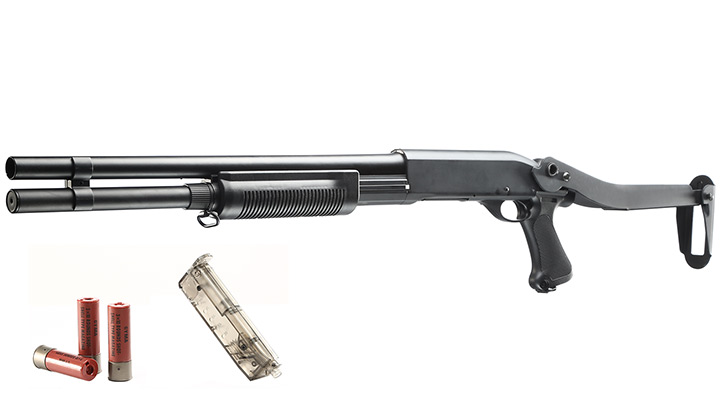 Cyma M870 Shotgun mit Stahl-Klappschaft Long-Type Tri-Barrel Vollmetall Springer 6mm BB schwarz