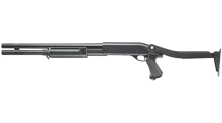 Cyma M870 Shotgun mit Stahl-Klappschaft Long-Type Tri-Barrel Vollmetall Springer 6mm BB schwarz Bild 1