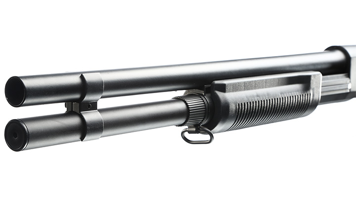 Cyma M870 Shotgun mit Stahl-Klappschaft Long-Type Tri-Barrel Vollmetall Springer 6mm BB schwarz Bild 5