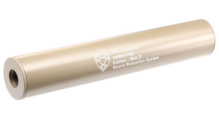 APS Sub-Sonic Aluminium Suppressor 190 x 33mm 14mm+ / 14mm- Desert Tan