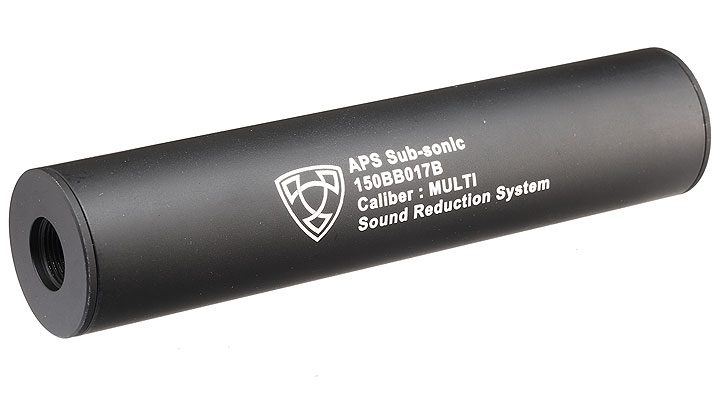 APS Sub-Sonic Aluminium Suppressor 150 x 33mm 14mm+ / 14mm- schwarz