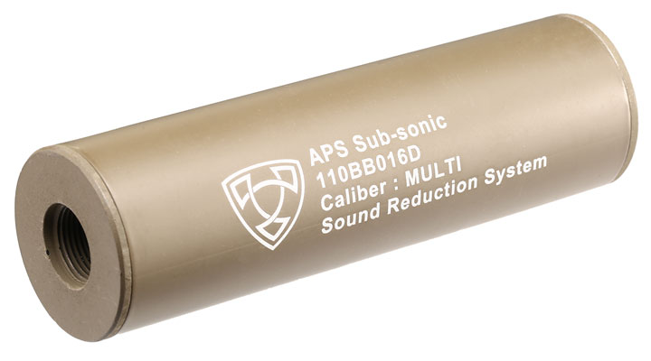 APS Sub-Sonic Aluminium Suppressor 110 x 33mm 14mm+ / 14mm- Desert Tan