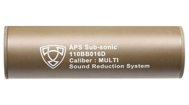 APS Sub-Sonic Aluminium Suppressor 110 x 33mm 14mm+ / 14mm- Desert Tan Bild 2