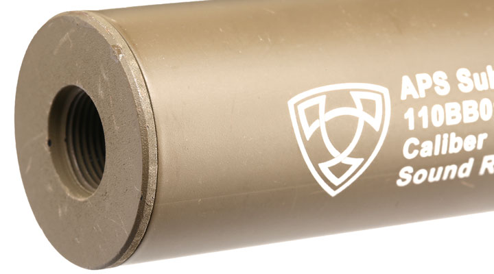 APS Sub-Sonic Aluminium Suppressor 110 x 33mm 14mm+ / 14mm- Desert Tan Bild 4