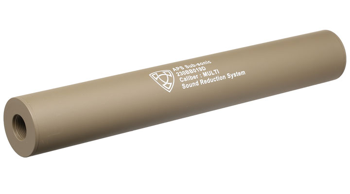 APS Sub-Sonic Aluminium Suppressor 230 x 33mm 14mm+ / 14mm- Desert Tan