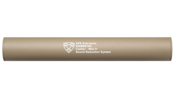 APS Sub-Sonic Aluminium Suppressor 230 x 33mm 14mm+ / 14mm- Desert Tan Bild 2