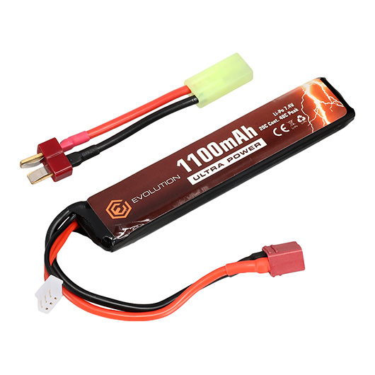 Evolution Ultra-Power LiPo Akku 7,4V 1100mAh 20C / 40C Stock-Tube Type m. T-Stecker + Mini-Tam Adapter