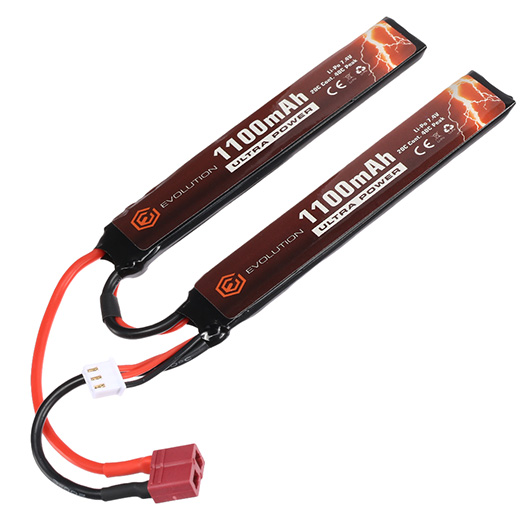 Evolution Ultra-Power LiPo Akku 7,4V 1100mAh 20C / 40C Small Two-Panel Type m. T-Stecker + Mini-Tam Adapter Bild 1