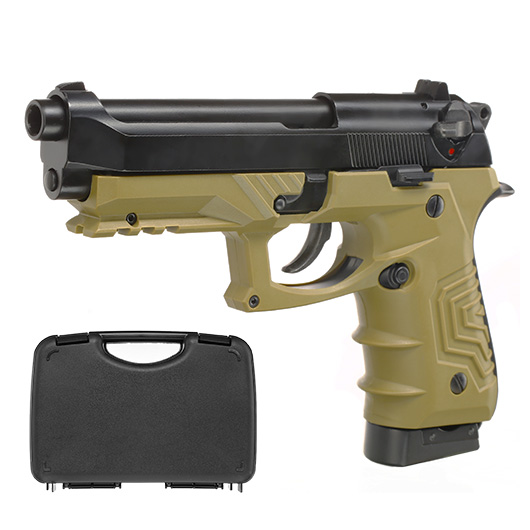 HFC M92 GripTac Airsoftpistole Vollmetall CO2 BlowBack 6mm BB coyote inkl. Pistolenkoffer