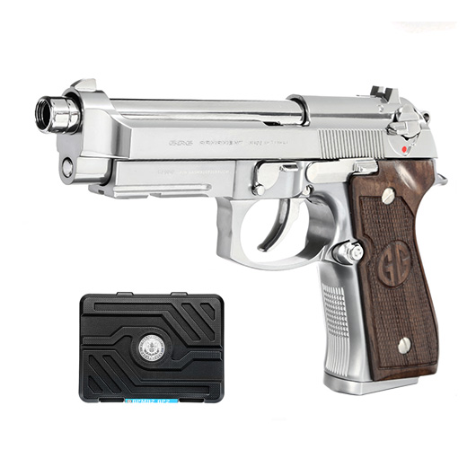 G&G GPM92 GP2 Airsoftpistole Vollmetall GBB 6mm BB Silber-Chrome inkl. Pistolenkoffer - Walnussholz Limited Edition