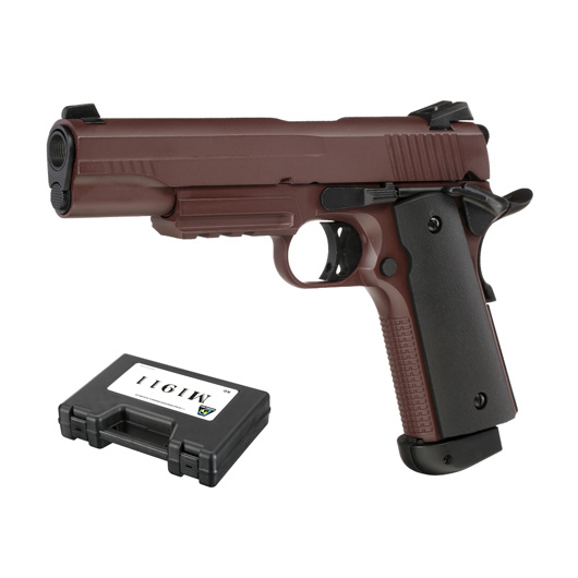 Double Bell M1911 Tactical Vollmetall CO2BB 6mm BB Crimson Brown inkl. Pistolenkoffer