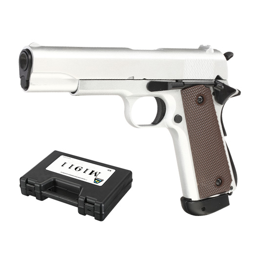 Double Bell M1911A1 Airsoftpistole Vollmetall CO2BB 6mm BB silber inkl. Pistolenkoffer