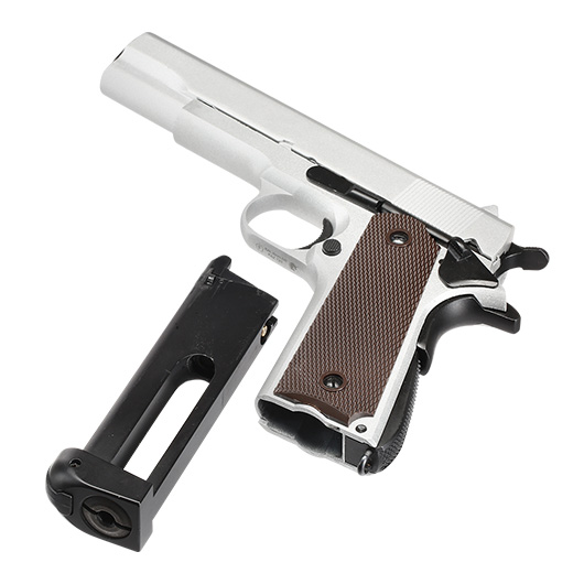 Double Bell M1911A1 Airsoftpistole Vollmetall CO2BB 6mm BB silber inkl. Pistolenkoffer Bild 6